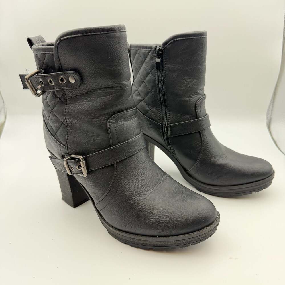 Global Win Women's Black Quilted Block Heel Ankle Boots with Buckle Accents